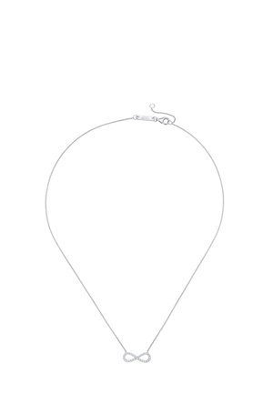 Delicate silver chain necklace with a small infinity symbol pendant adorned with clear gemstones.