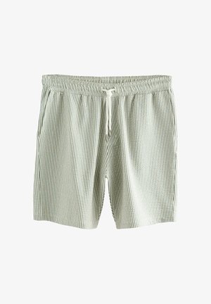 Randiga badshorts i ljusgrönt och vitt, med resår i midjan, dragsko och sidofickor. Lättviktigt tyg.