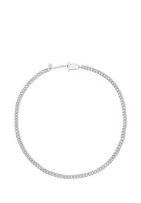 Collier en argent composé de maillons entrelacés, avec une texture lisse et un fermoir à bascule. Design minimaliste avec une finition polie.