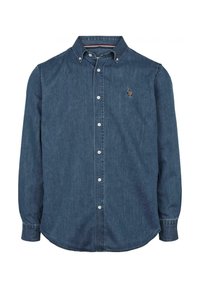 Denim overhemd in donkerblauw, lange mouwen, met een knoopsluiting kraag, voorzien van een klein geborduurd logo op de borst en een gebogen onderrand.