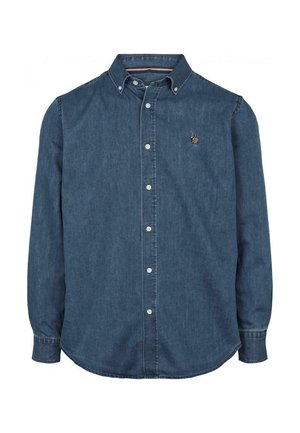 Camicia in denim blu scuro, maniche lunghe, colletto con bottoni, con un piccolo logo ricamato sul petto e un orlo curvo.