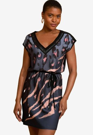 Love & Roses REGULAR FIT V-NECK  - Jersey dress - navy animal print satin front pu trim