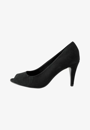 Scarpa con tacco alto in pelle scamosciata nera, punta aperta, tacco sottile e design curvo, vista di profilo su sfondo bianco.