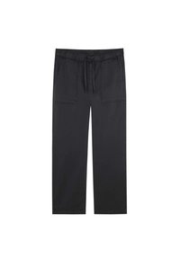 Pantaloni negri, ușori, cu talie elastică și șnur reglabil. Au două buzunare frontale și un design cu picioare drepte.