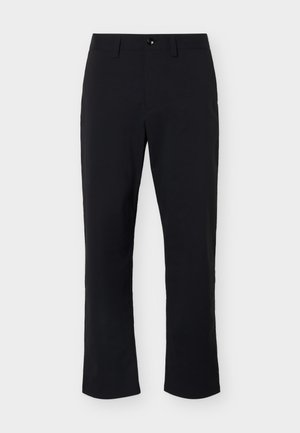 Black straight-leg trousers with a button and zipper closure, belt loops, and side pockets, displayed on a white background.