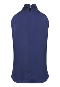 Marinblå ärmlös topp, slätt tyg, hög krage med knutdetaljer, knappstängning i ryggen, rundad fåll.