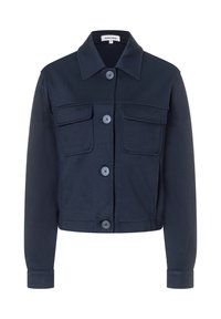 Marineblaue, cropped Jacke aus glattem Stoff, mit klassischem Kragen, zwei Vorderaschen und Knopfverschluss.