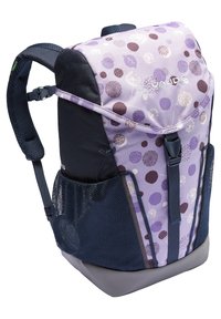Purple and navy backpack with polka dot design, mesh side pockets, padded straps, and a solid gray base. Ideal for daily use or travel.