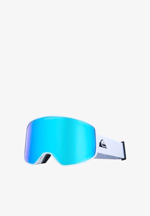 Snow goggles with a white frame, mirrored blue lens, and adjustable straps featuring a logo, designed for winter sports.