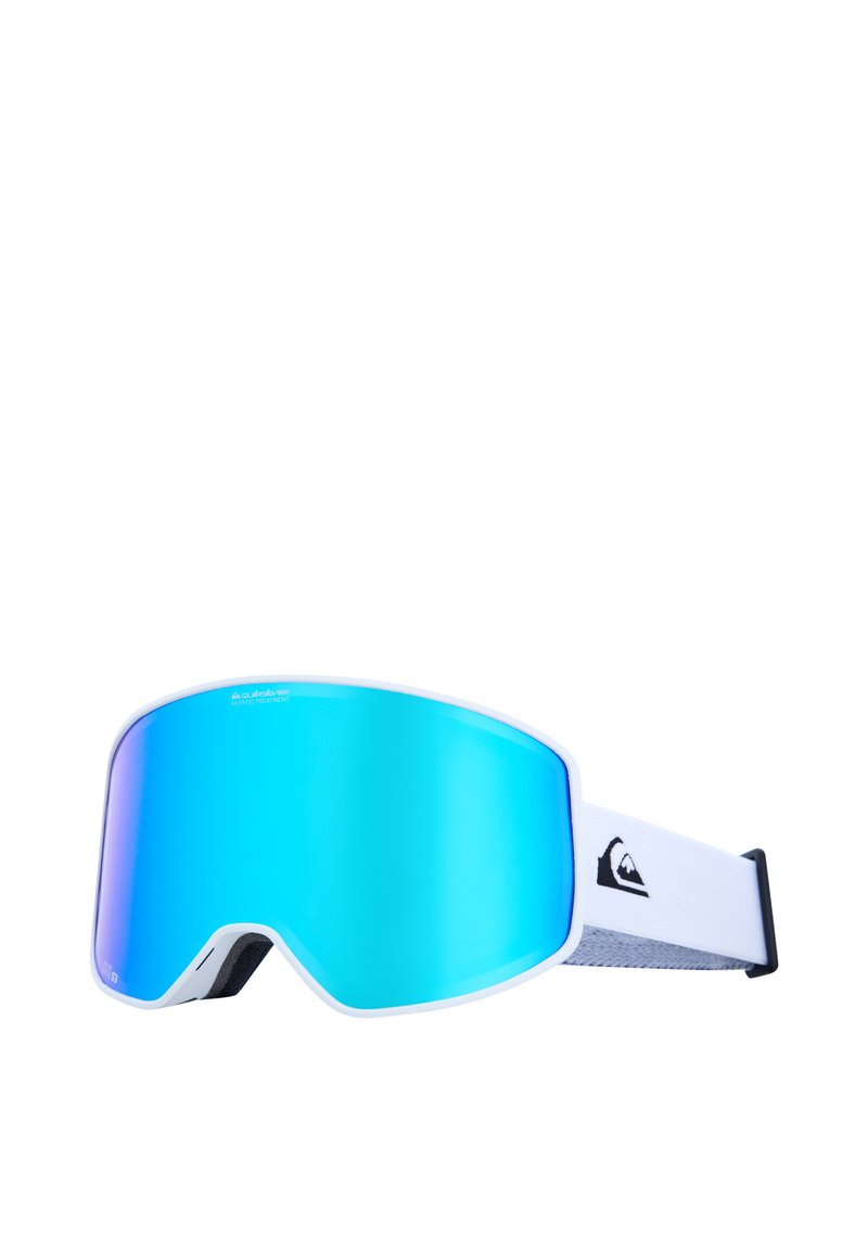 Ski goggles met een witte rand, spiegelende blauwe lenzen en verstelbare banden met een logo, ontworpen voor wintersport.
