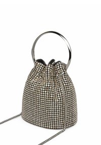 Metalen trekkoord emmer tas versierd met rhinestones; heeft een ronde handgreep en kettinghengsel voor veelzijdige draagmogelijkheden.