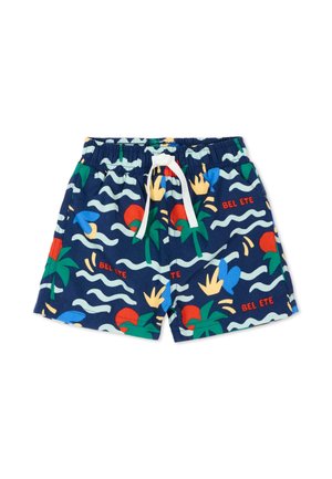 Granatowe kąpielówki ze białym sznurkiem, tropikalny wzór z palmami, falami i czerwonymi kształtami słońca oraz czerwonym napisem "BEL ETE".