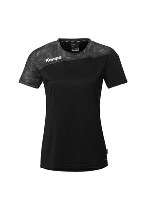Sort sports T-shirt til kvinder med korte ærmer og geometrisk mønster på skuldre og øverste del af brystet, med hvidt "Kempa"-logo på venstre side.