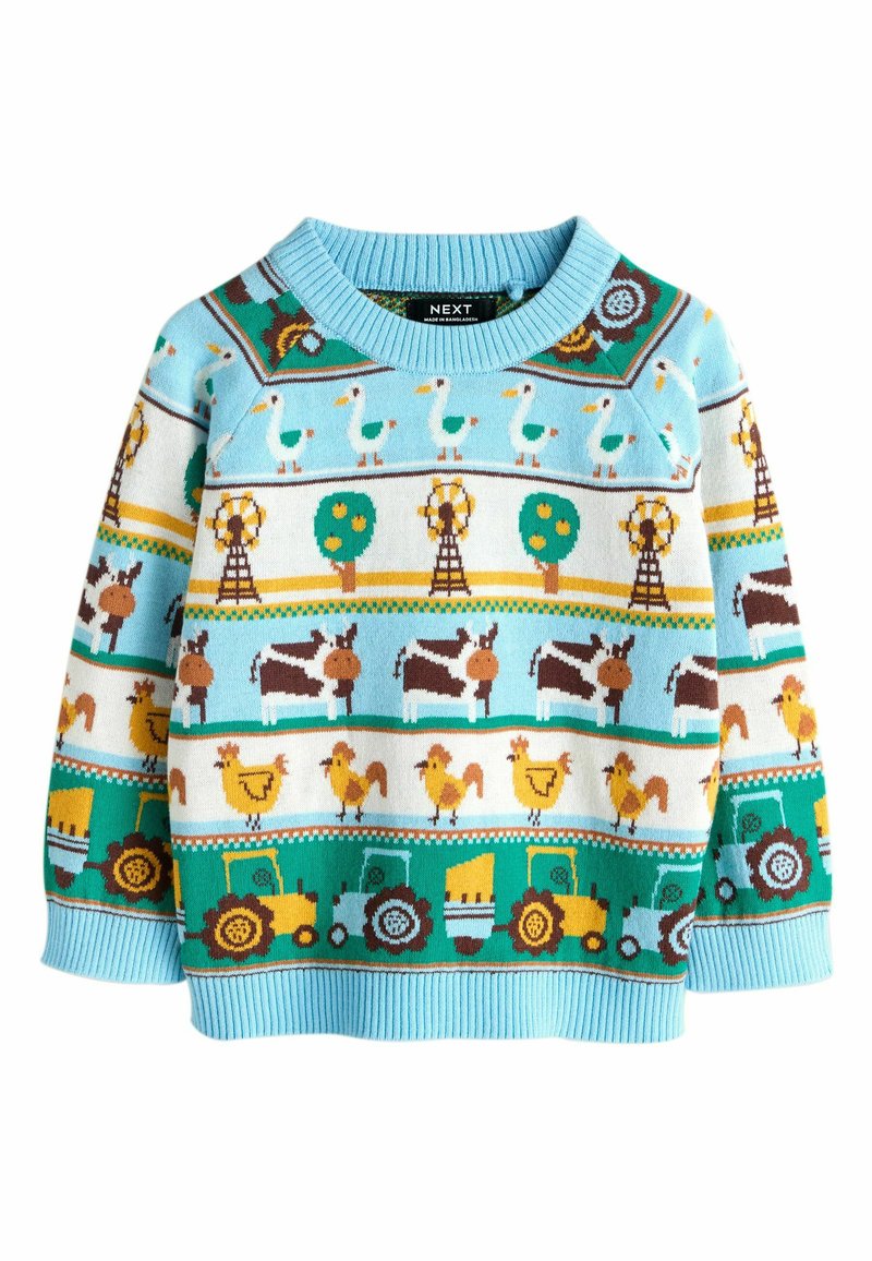 Hellblauer Pullover mit mehrfarbigen Tier- und Bauernhofmustern, darunter Enten, Kühe und Traktoren. Gerippter Ausschnitt und Bündchen.