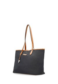 Navyblauwe totebag met lichtbruine leren handvatten en accenten, met een zilveren hardware accent en een rechthoekige vorm voor gemakkelijk dragen.