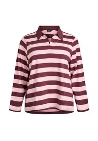 Garo piedurkņu polo krekls ar bordo un rozā horizontālām svītrām, izgatavots no mīksta auduma, ar klasisku apkakli un brīvu piegriezumu.