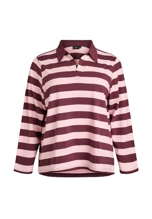 Koszula polo z długim rękawem w bordowe i różowe poziome paski, wykonana z miękkiego materiału, z klasycznym kołnierzykiem i luźnym krojem.