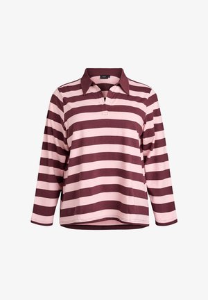 Koszula polo z długim rękawem w bordowe i różowe poziome paski, wykonana z miękkiego materiału, z klasycznym kołnierzykiem i luźnym krojem.