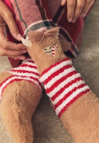 Pruunid karvased loomamotiiviga sokid, millel on punase ja valge triibuga detailid. Sokkidel on väike naeratav nägu ja küljel kommipulgajoon.