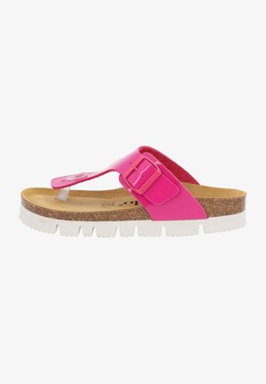 Sandalia rosa con punta abierta y pulgar en U, correa ajustable con hebilla, plantilla de corcho y suela blanca estriada para uso casual.