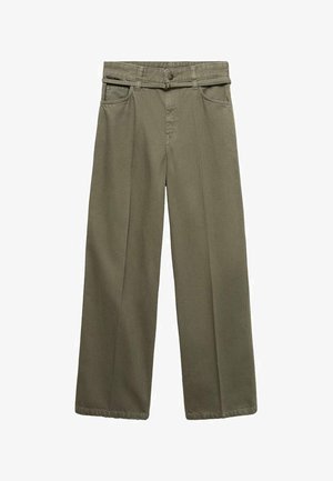 Olivově zelené kalhoty s širokými nohavicemi vyrobené z bavlny. Obsahují zipový přední otvor, knoflíkový uzávěr a dvě přední kapsy. Hladká, odolná textura.