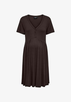 Hnědá těhotenská šaty s proužkovaným vzorem, výstřihem do V, krátkými rukávy, detaily s knoflíky a splývavou sukní. Vyrobeno z měkké, elastické látky.