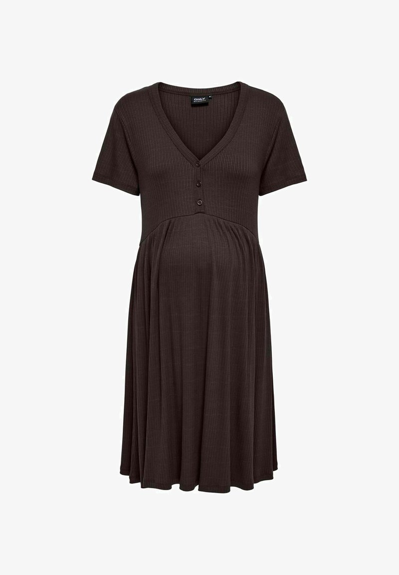 Smeđa rebrasta majčina haljina s V-izrezom, kratkim rukavima, detaljima od dugmadi i lepršavom suknjom. Napravljena od mekog, rastezljivog materijala.