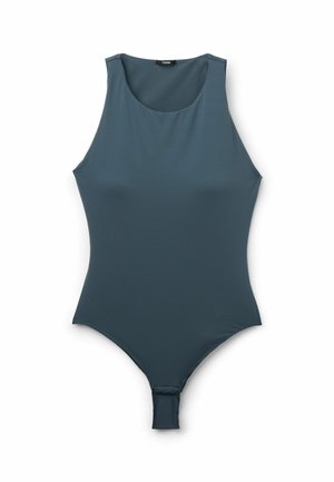 Dunkelblauer Badeanzug aus einem Stück mit rundem Ausschnitt, ärmellosem Design und glatter Textur; verfügt über einen hoch ausgeschnittenen Beinausschnitt und einen Druckverschluss im Unterbereich.