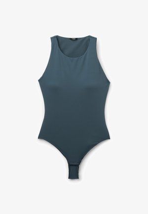 Dark teal one-piece swimsuit with a round neckline, sleeveless design, and smooth texture; features a high-cut leg and a snap closure at the bottom.
