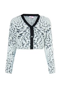 Gekürzter Cardigan mit einem schwarz-weißen Muster, aus weichem Material gefertigt, mit schwarzer Knopfleiste und V-Ausschnitt. Lange Ärmel.