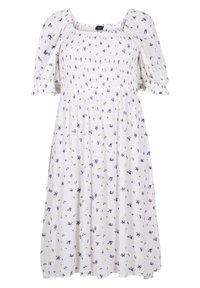 Bílé šaty s květinovým potiskem, čtvercovým výstřihem, krátkými balónovými rukávy, nařaseným živůtkem a splývavou sukní. Vyrobeny z lehkého strukturovaného materiálu.