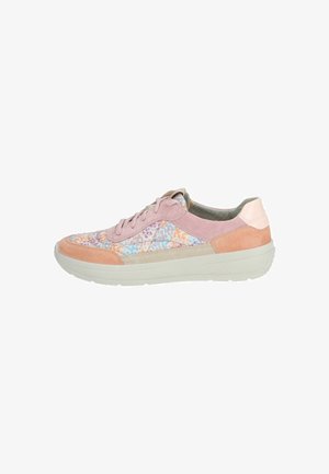 Sneaker met een roze suede bovenwerk met kleurrijke stippenpatronen, lichtgrijze zool en een gevoerd hiel voor comfort.