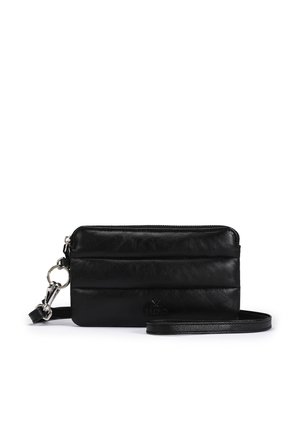 Black rectangular leather wristlet wallet with silver zipper and clasp, featuring a detachable wrist strap and horizontal padded sections.