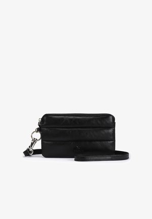 Black rectangular leather wristlet wallet with silver zipper and clasp, featuring a detachable wrist strap and horizontal padded sections.