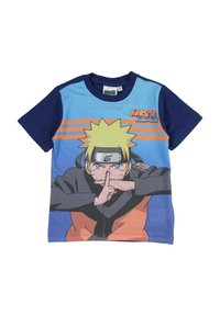 T-shirt en coton à manches courtes présentant un motif bleu et marine, avec un graphisme d'un personnage en tenue orange et noire sur des rayures.