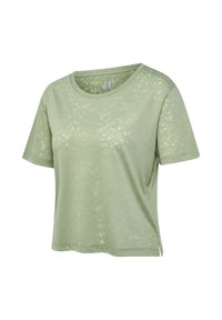 Hellgrünes T-Shirt mit kurzen Ärmeln und Rundhalsausschnitt, subtil marmoriertes Muster, lockere Passform und kleines Markenlogo nahe dem unteren Saum auf der rechten Seite.