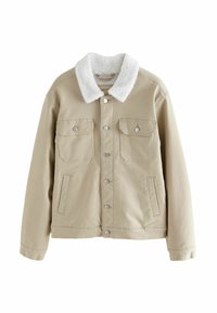 Beige denimjakke med en hvid faux shearling-krave, to brystlommer og en sidelomme, der har sølvfarvede trykknapper og en afslappet pasform.