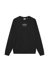 Sudadera negra hecha de algodón suave, con cuello redondo, mangas largas y puños de canalé. Presenta texto blanco en la parte frontal.