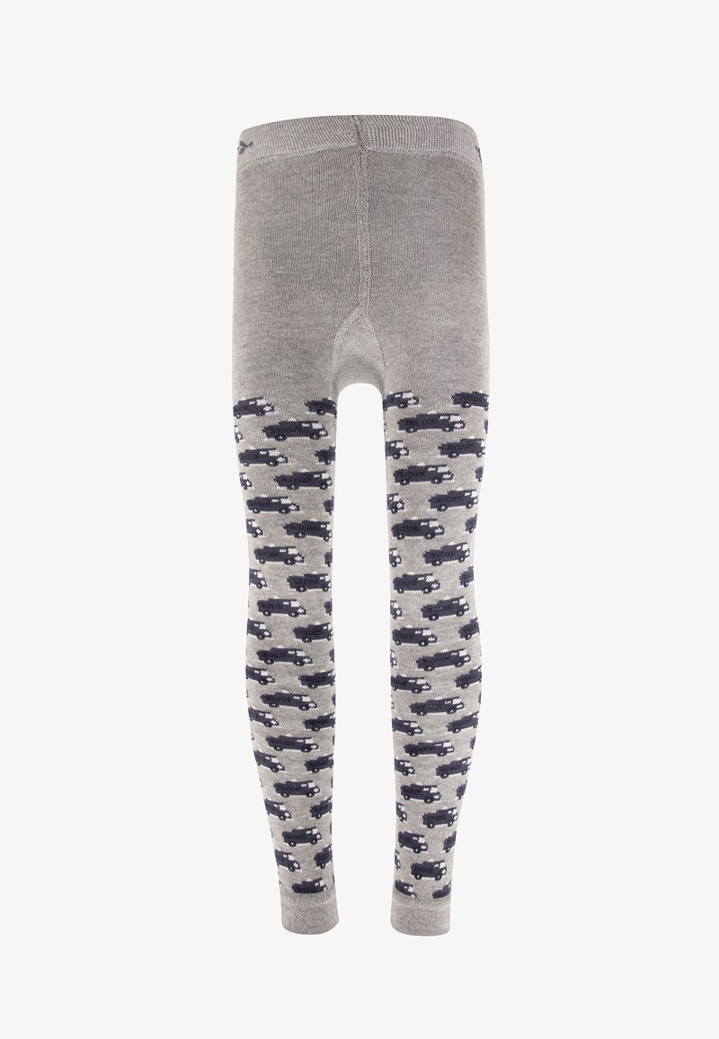 Gray cotton tights with black car pattern on legs; solid gray top. Smooth texture, snug fit, mid-rise waistband.