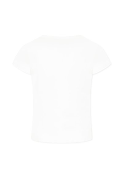 T-shirt bianco a maniche corte con scollatura arrotondata. Texture liscia, forma aderente, senza motivi visibili o dettagli in metallo.