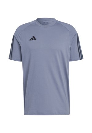 Light blue athletic t-shirt with short sleeves, made of breathable material. Features black Adidas logo and three black stripes on shoulders.