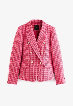 Blazer doppiopetto pied-de-poule rosa e bianco con bottoni dorati e tasche anteriori con patta, vestibilità sartoriale e colletto con rever incernierato.