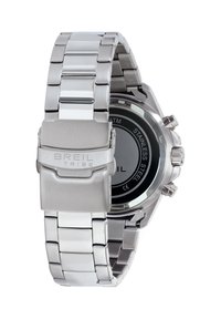 Montre en acier inoxydable avec un bracelet à maillons, cadran noir et argent, fonctionnalités chronographe et fermoir en métal brossé.