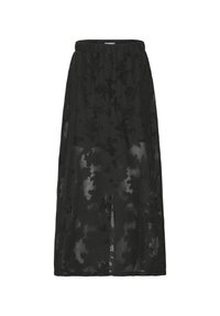 Jupe midi noire avec superposition de dentelle florale et taille élastique, tissu semi-transparent révélant la couche inférieure, silhouette droite.