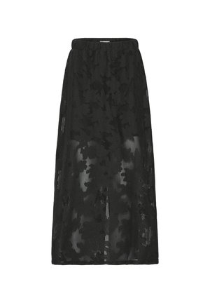 Juoda midi sijonas su gėlių nėrinių viršumi ir elastinga juosmens juosta, pusiau permatoma medžiaga, atskleidžianti apatinį sluoksnį, tiesi silueto forma.