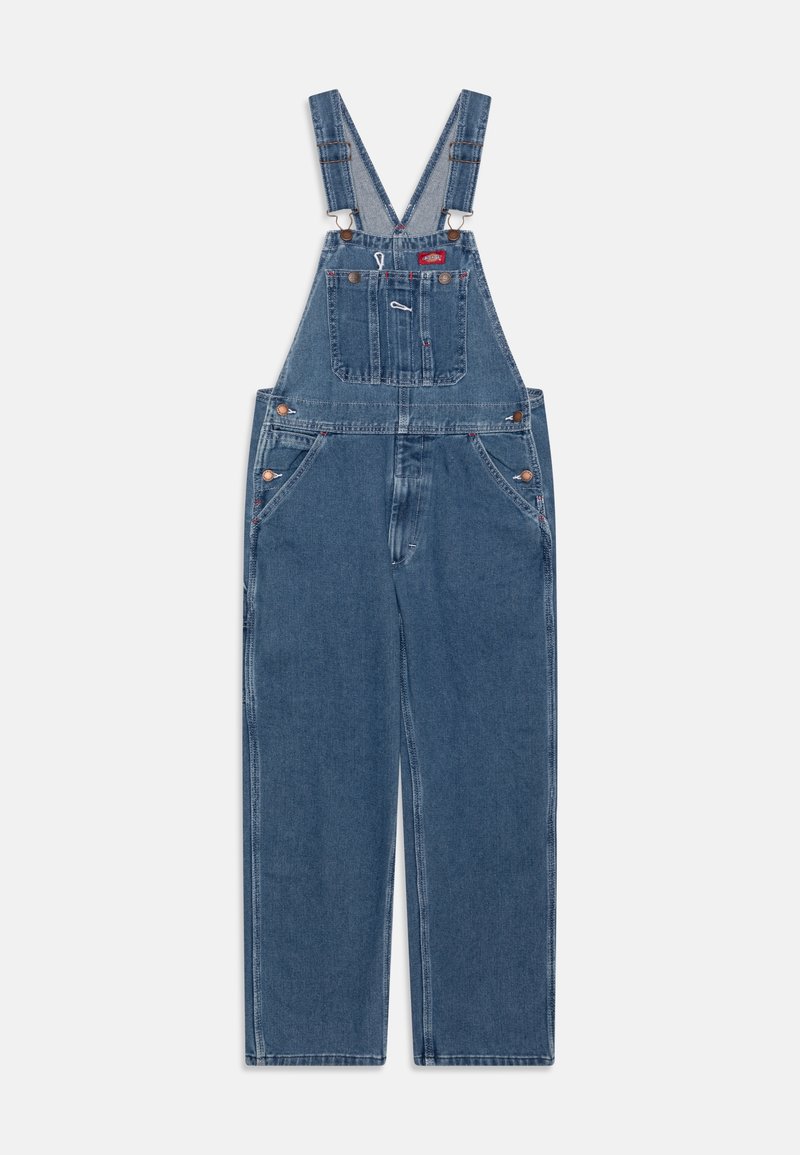 Salopette en denim bleu avec bretelles réglables, poche poitrine avant, boutons latéraux et jambes larges et droites.