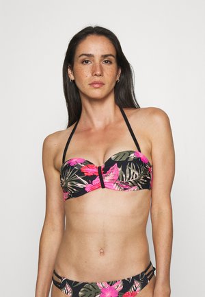 Bikini top met een zwarte basis, tropische bloemenpatronen in roze en groen, gevoerde buste en verstelbare banden; bijpassende bikini onderkant met zijdetails.