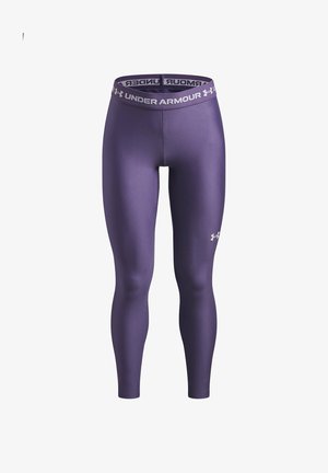 Leggings de compression violets Under Armour avec une ceinture marquée et un logo sur la cuisse droite, montrés de face.