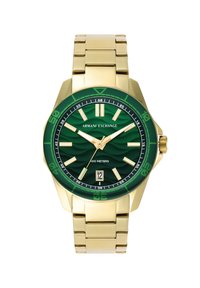 Gold-tone wristwatch with a green textured dial, luminous hands, oversized numbers, and a date display. Features a linked bracelet design.