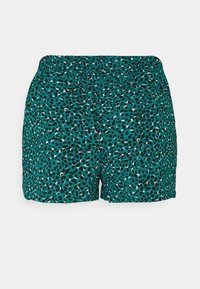 Shorts légers teal avec un motif léopard noir et blanc, dotés d'une taille élastique et d'une coupe décontractée.
